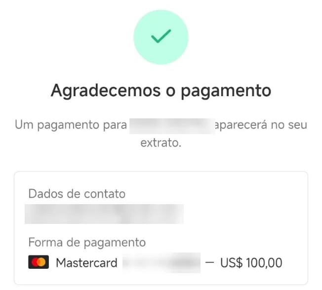 Comprovante de pagamento de US$100,00 recebido pelo aluno